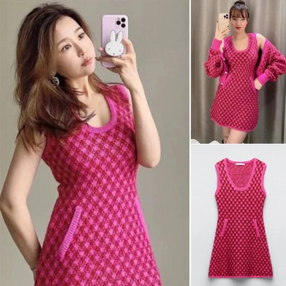 Zara PLAID KNIT Sleeveless Mini A-Line Dress w/ Round Neckline Size S Pink NEW - Picture 9 of 16